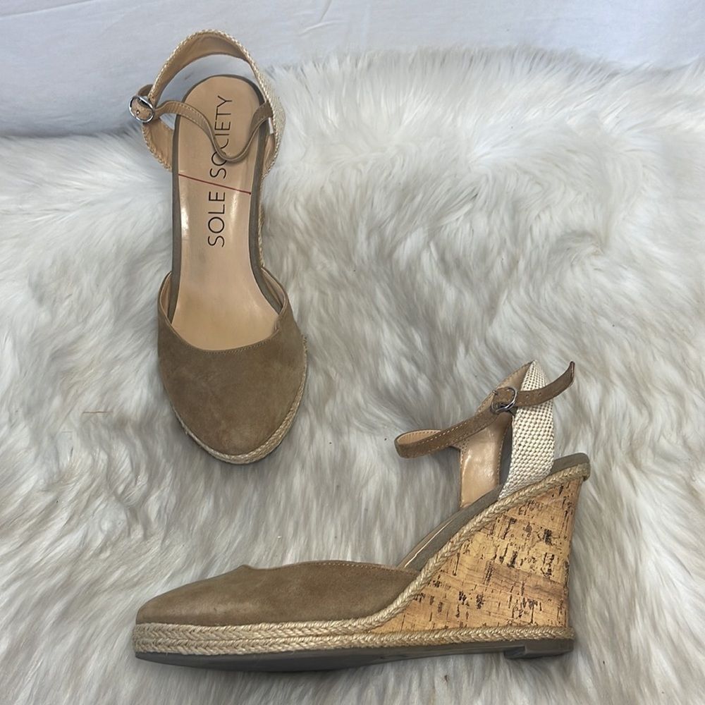 Sole Society Lucy Taupe Suede Cork Wedge Slingbacks Sz 7